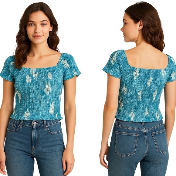 Barefoot Attitude Tops - Barefoot Attitude Blue Smocked Stretch Tie-Dye Off Shoulder Top Size Large